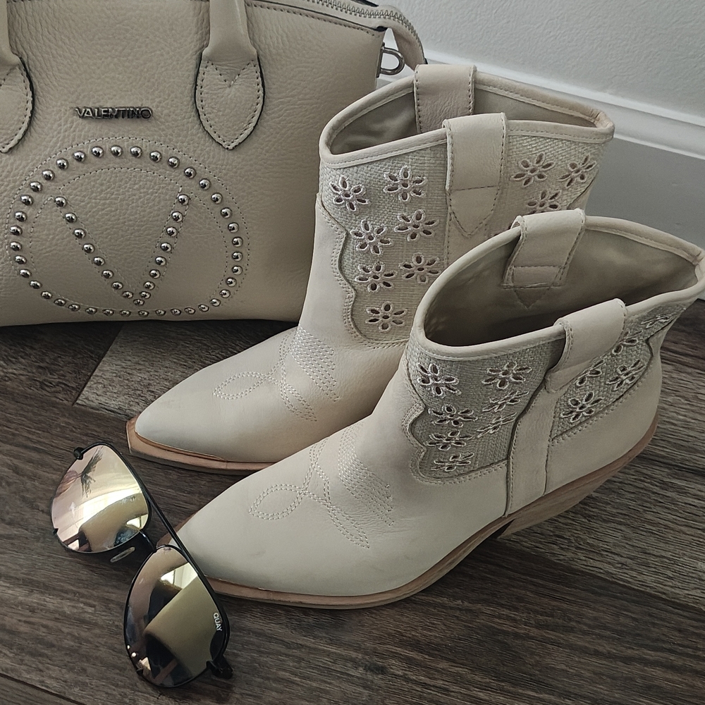 Valentino Cream Floral Ankle Boots